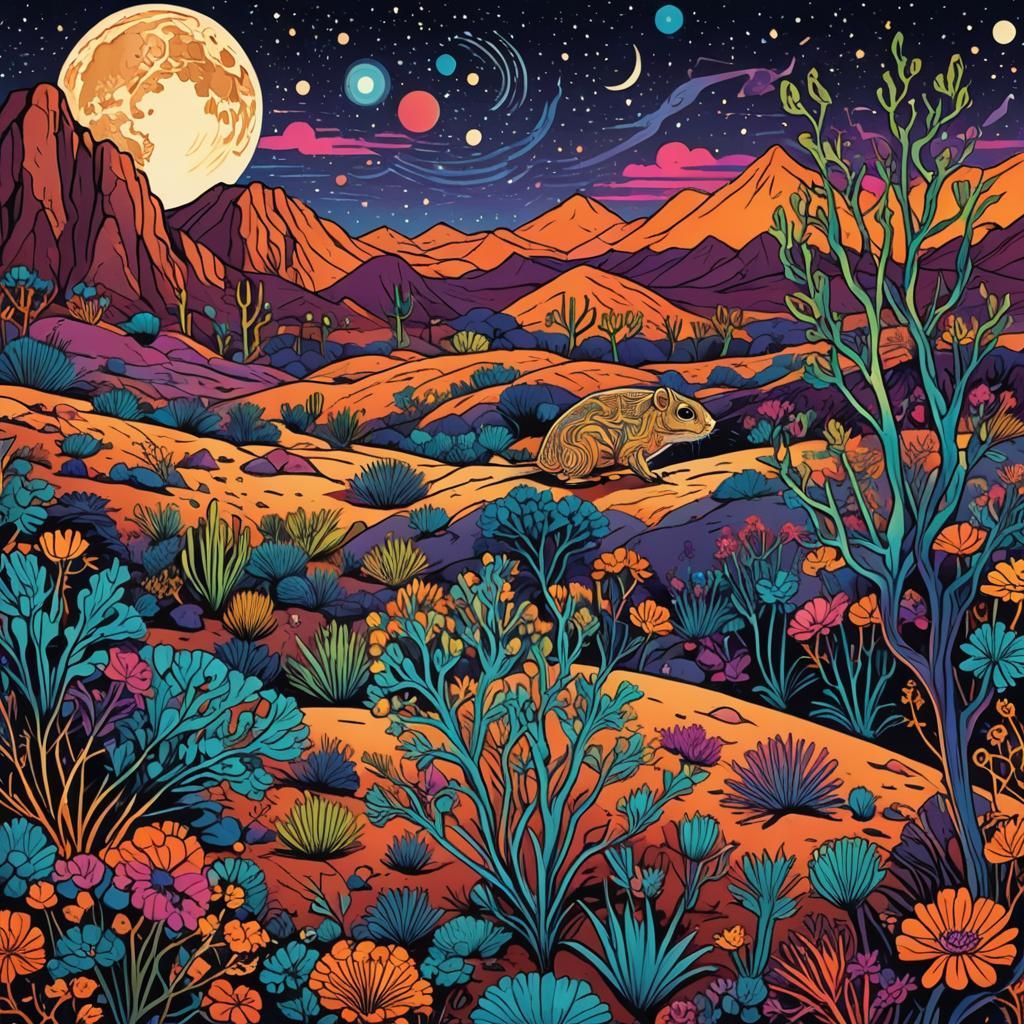 Psychedelic Gerbil in Desert Landscape at Midnight