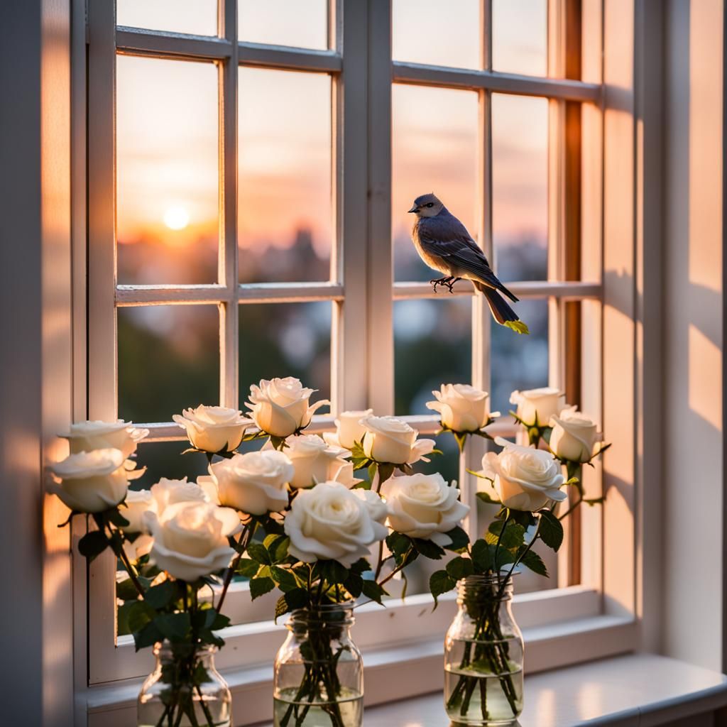 Open Windows, White Roses, Sunset, Bird: Photography