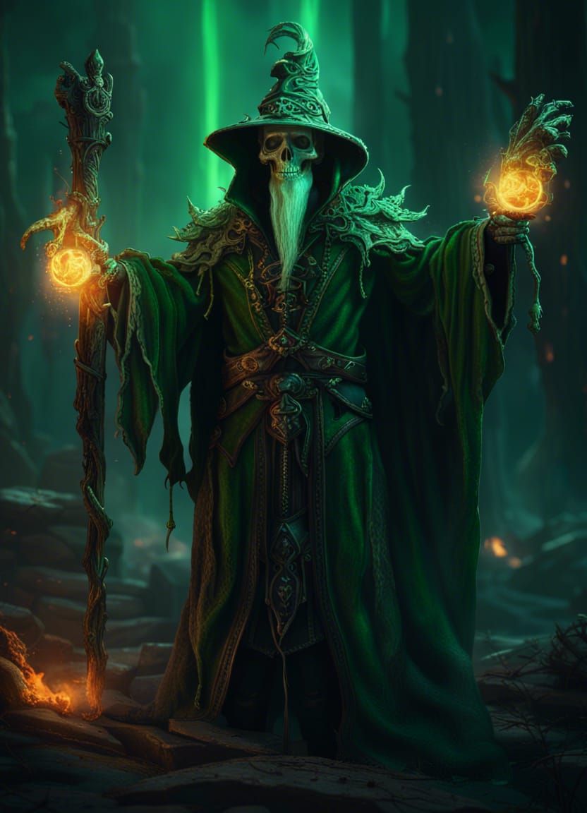 Skeletal Wizard with Green Flame, Detailed Matte Painting