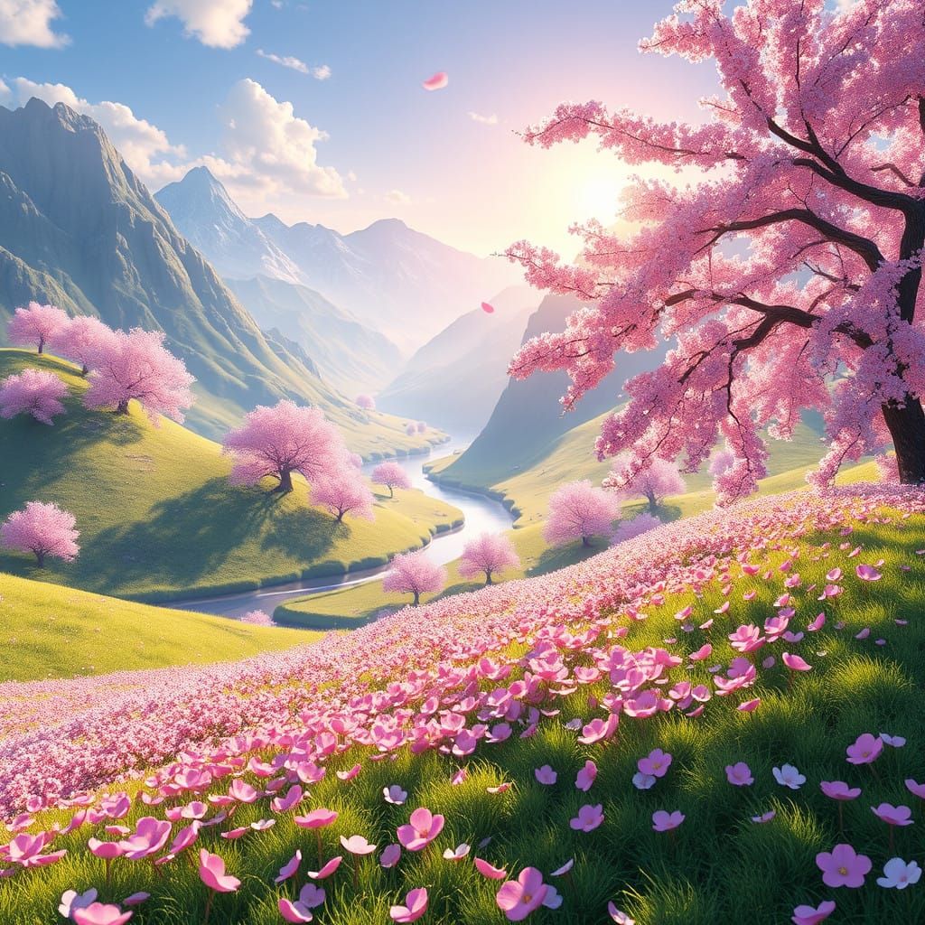 Surreal Cherry Blossom Valley in 3D Anime Style