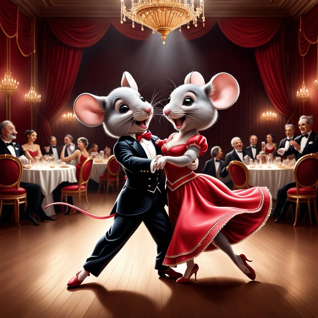 Dancing Mouse Couple in a Ballroom, Hyperrealistic