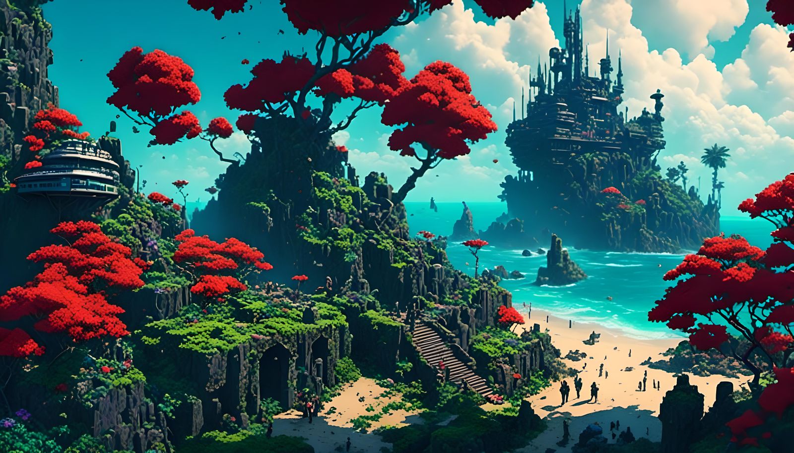 Tropical Cyberpunk Fortress on a Beach as Pixel Art