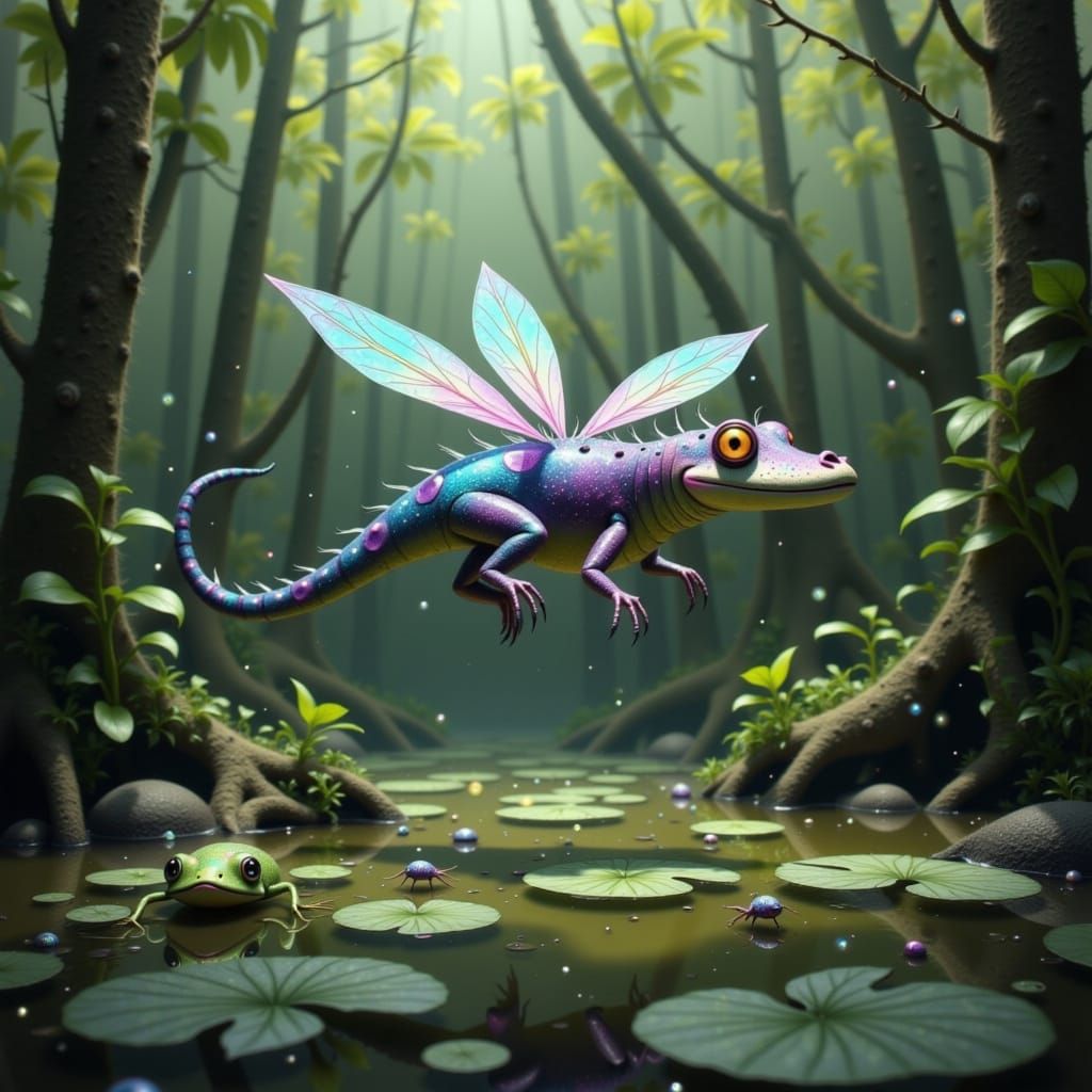 Iridescent Alligator-Dragonfly Hybrid Catching Frogs