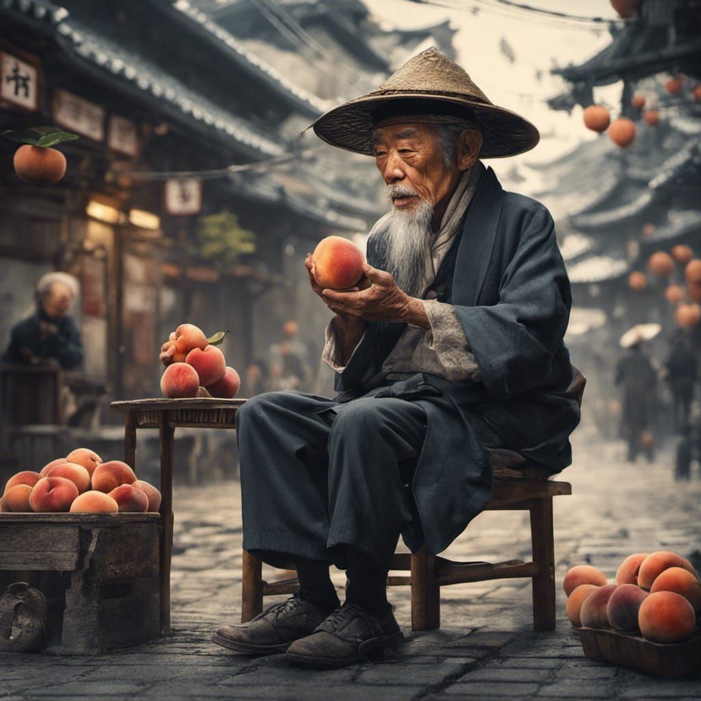 Old Man Peeling Peach: Detailed Matte Painting