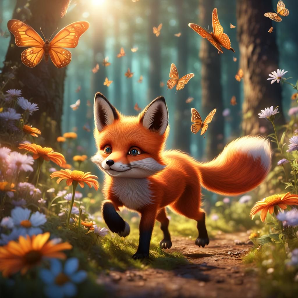 Fox Running Through Sunny Woods: Detailed Matte Painting