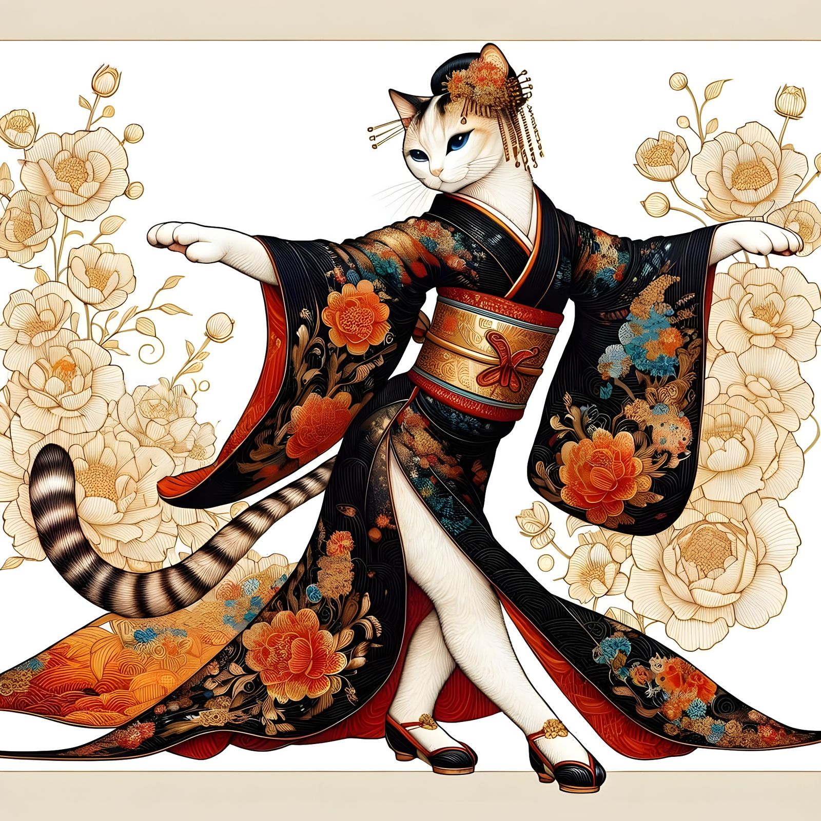 Geisha Cat Dancing in Kimono: Pen and Ink Art