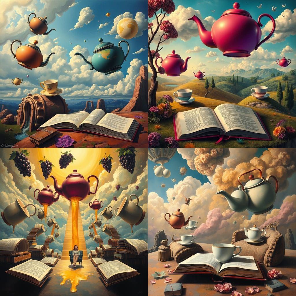 Surreal Dreamscape with Floating Teapots
