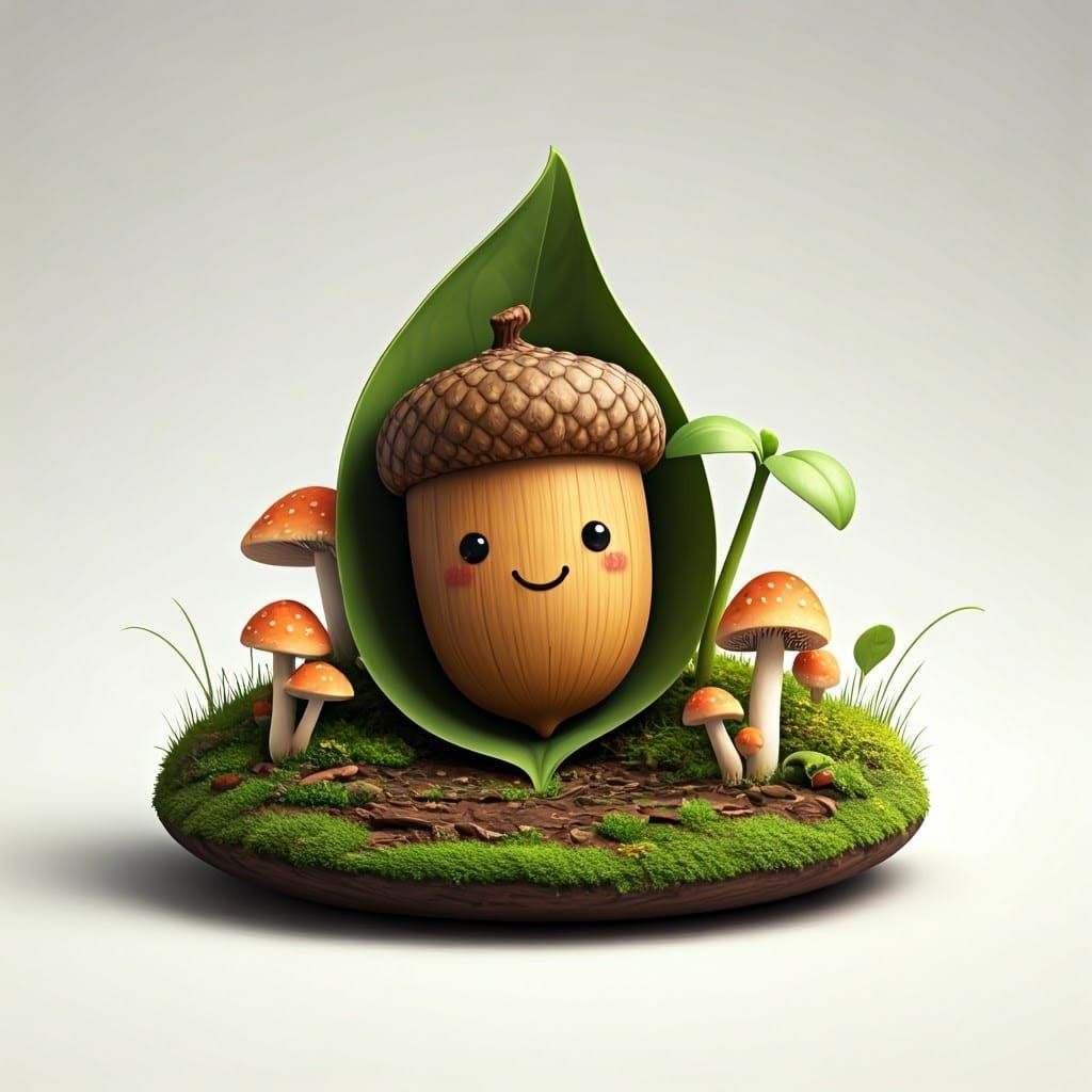 Whimsical Acorn Character in a Miniature Woodland Scene