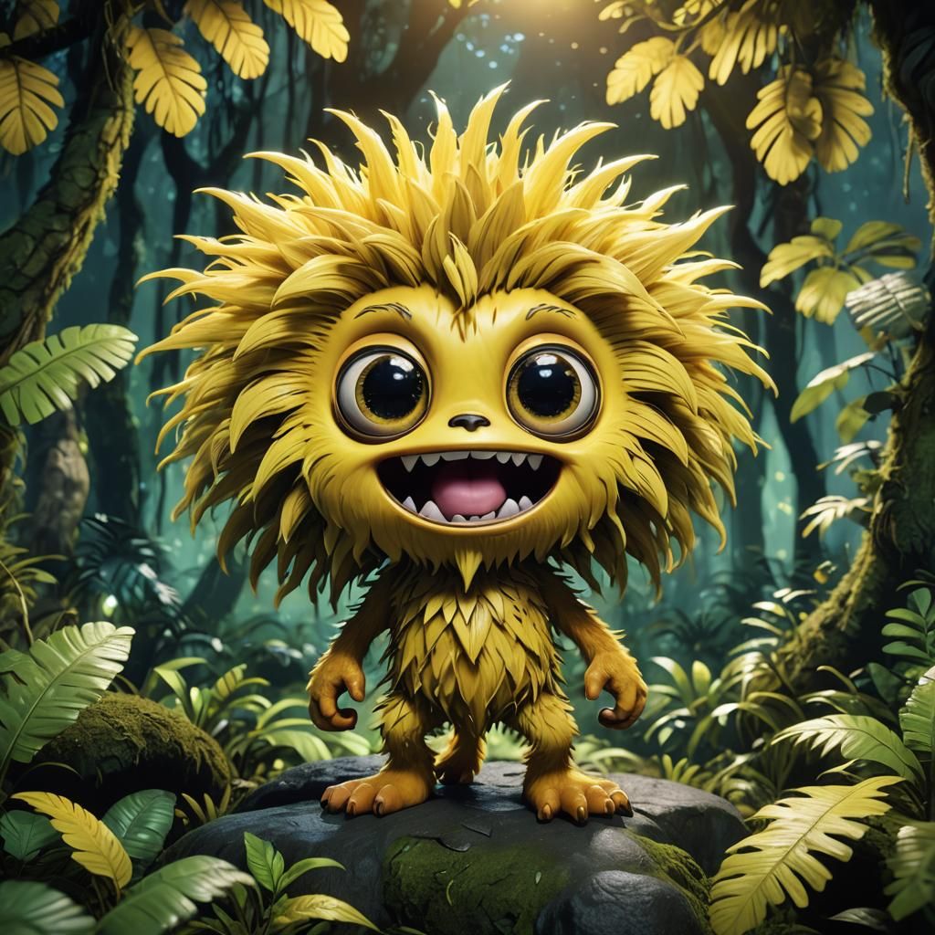 Fuzzy Yellow Chibi Monster in Rainforest, 3D Render