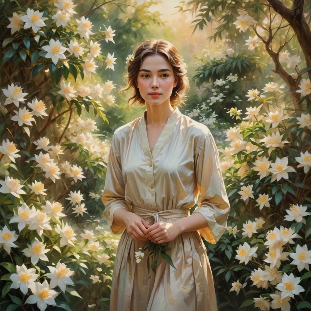 Woman in a Lush Jasmine Garden
