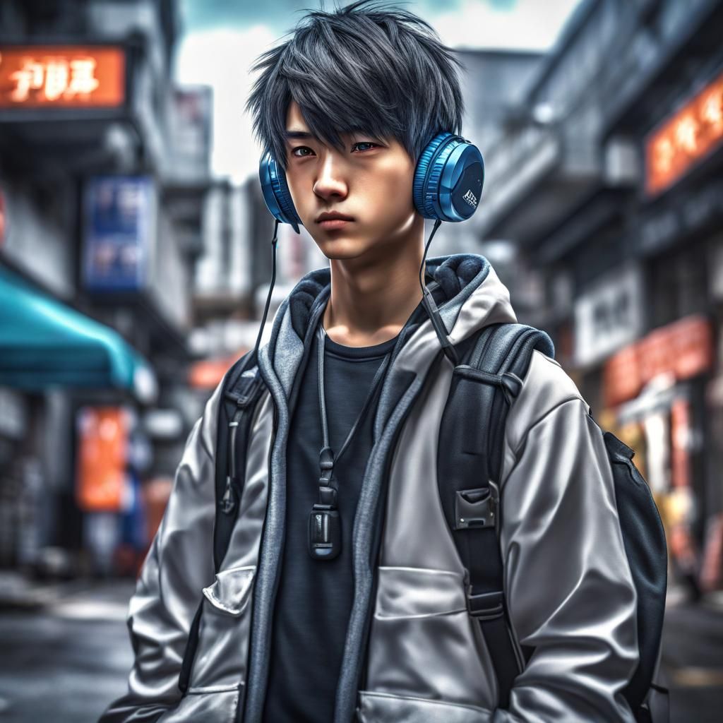 Four Anime Boys Wearing Headphones in Hyperrealistic Style