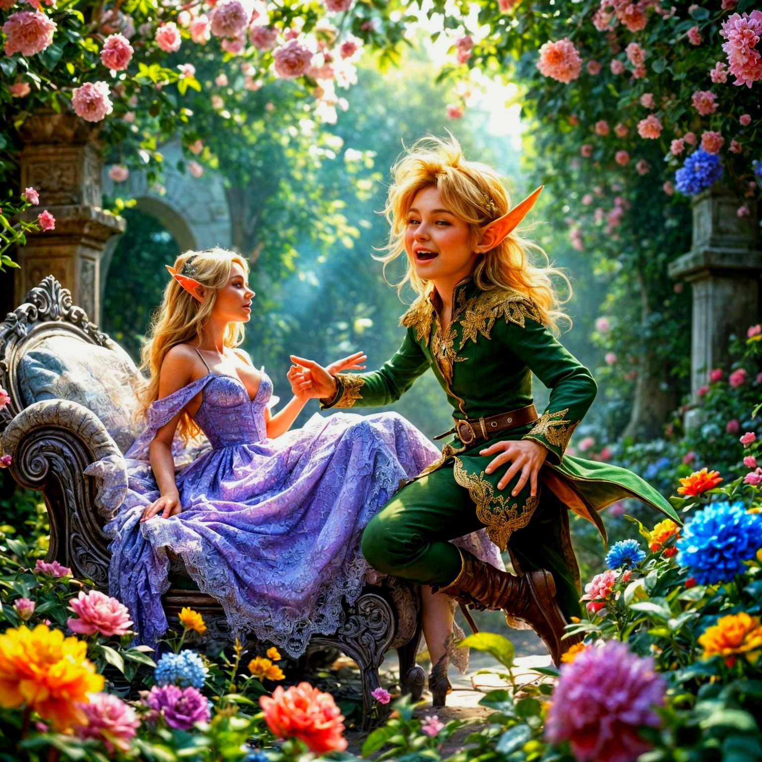 Whimsical Elf and Winged Princess in English Garden