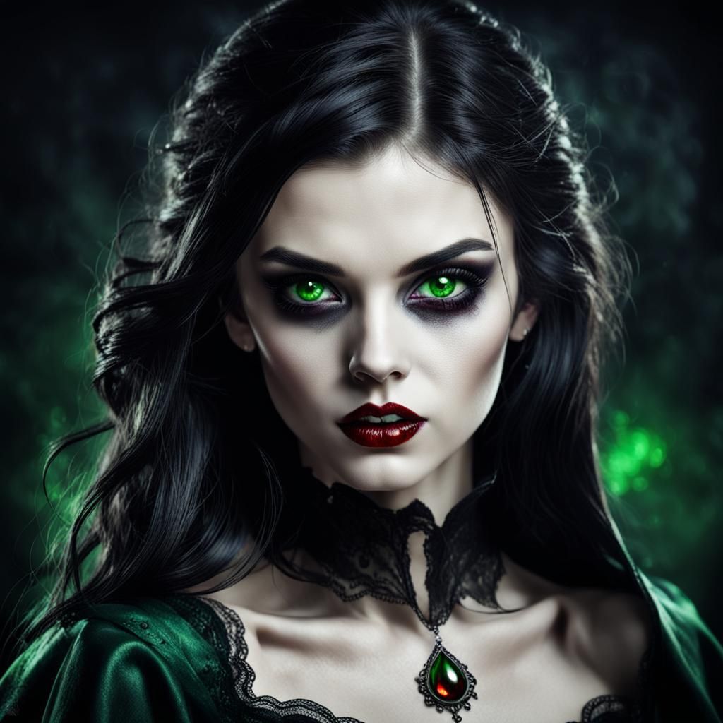 Vampire Portrait: Dark Hair, Green Eyes, Blood Drop