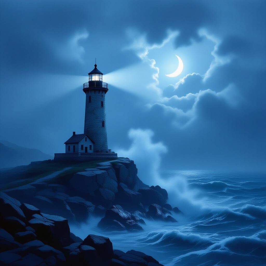 Moody Lighthouse in Fog, Romantic Style