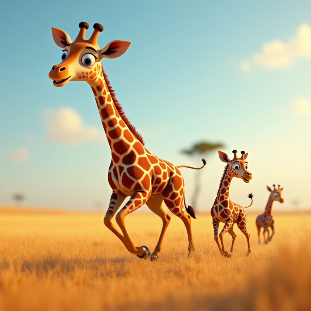 Giraffe Family Run on Savannah: Pixar-Style 3D Art