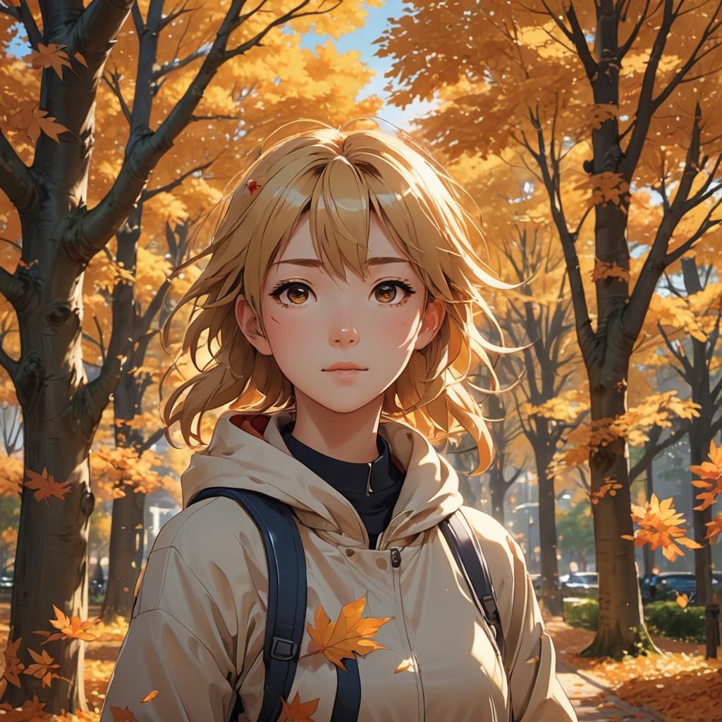 Anime Girl in Autumn Leaves with Golden Lighting