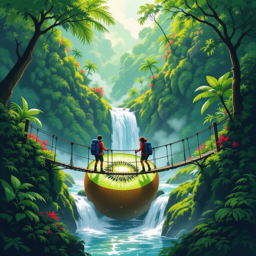 Hikers on Kiwi Bridge: A Miniature World