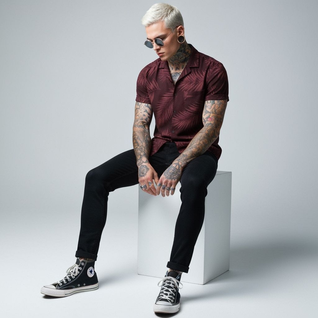 Athletic Man in Palm Print Shirt on White Cube