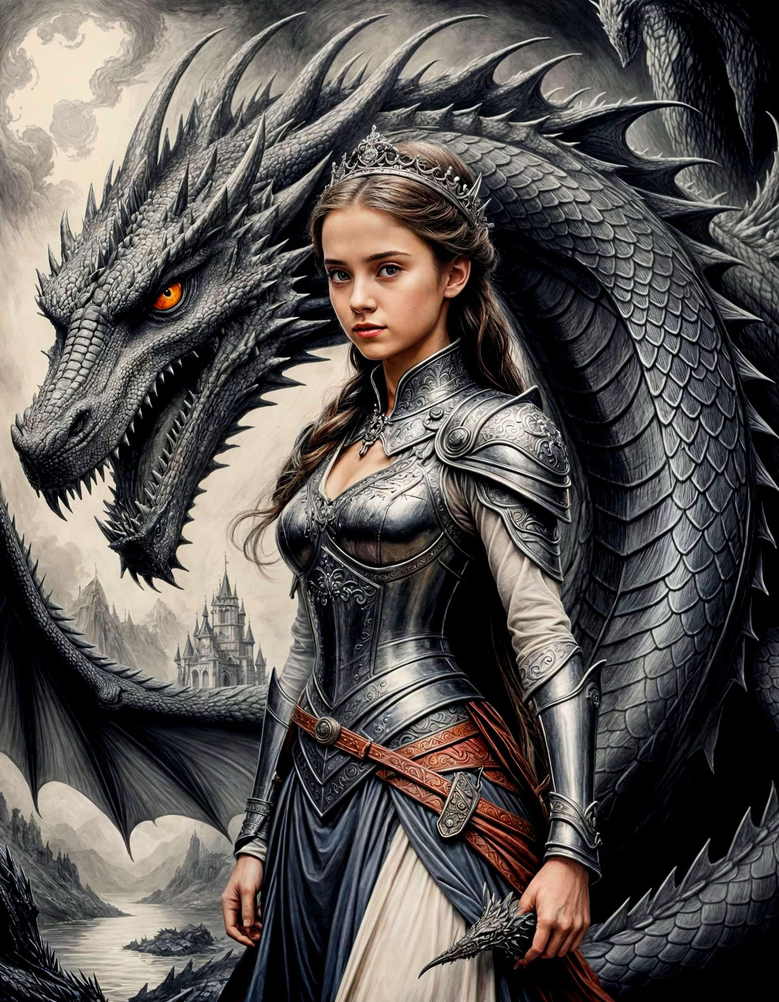 A Princess Protected by a Majestic Dragon in Charcoal