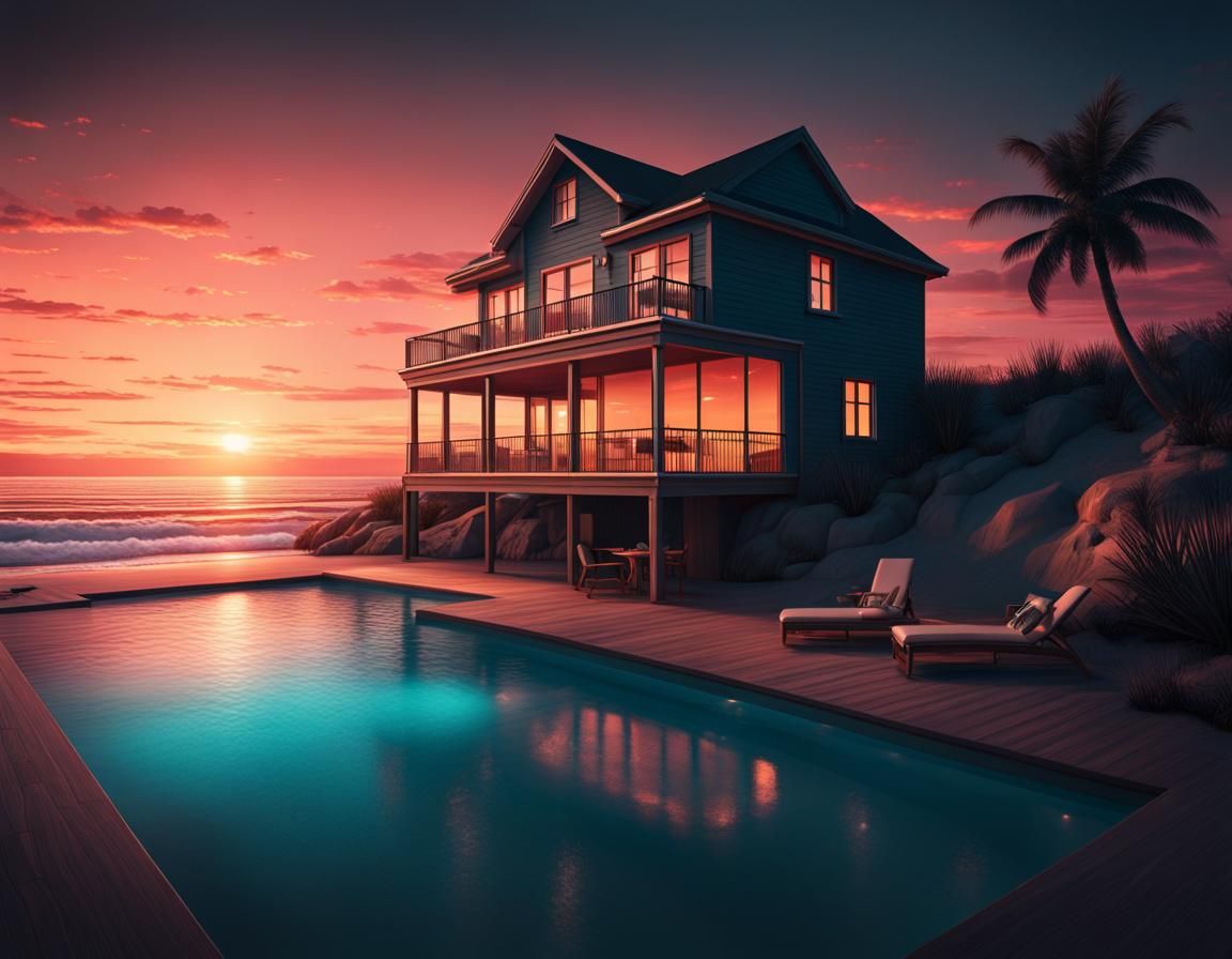 Beach House with Infinity Pool at Sunset