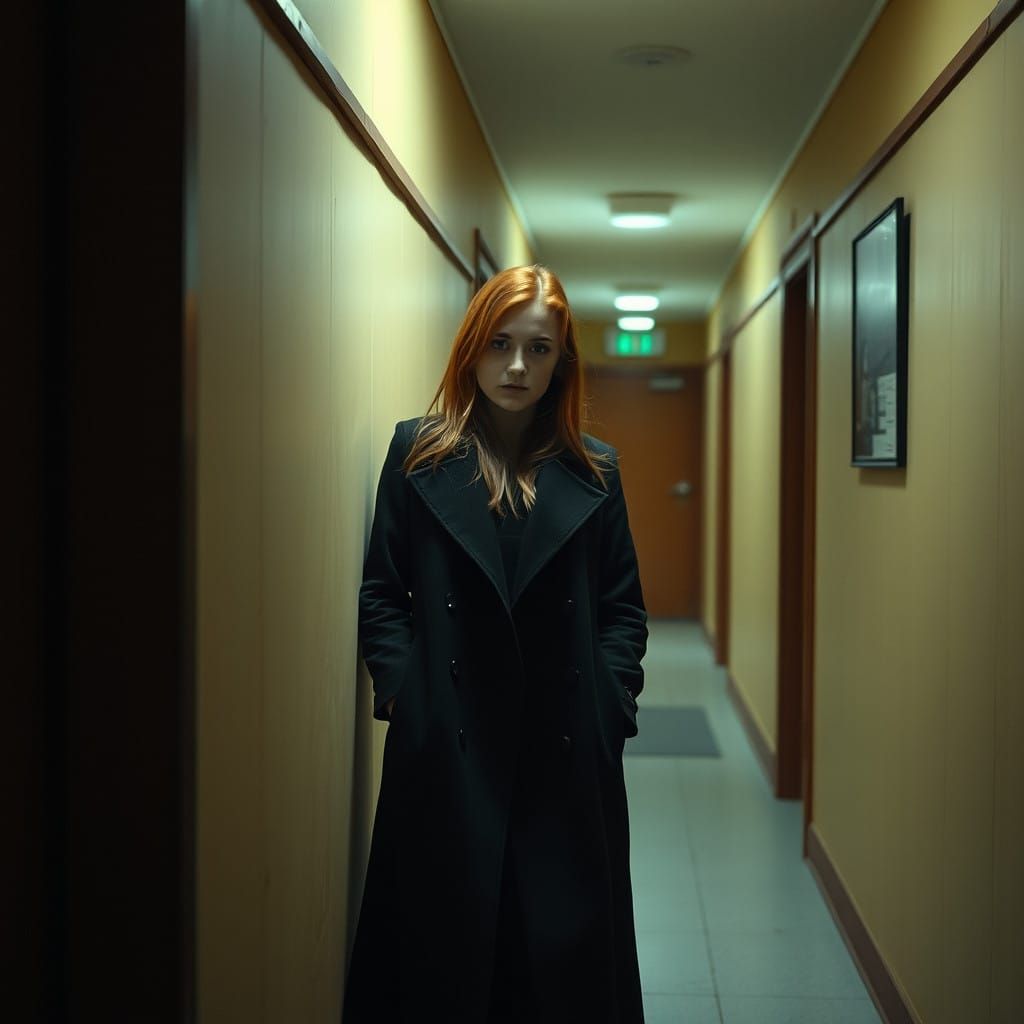 Miserable Young Woman in a Grungy Motel Hallway