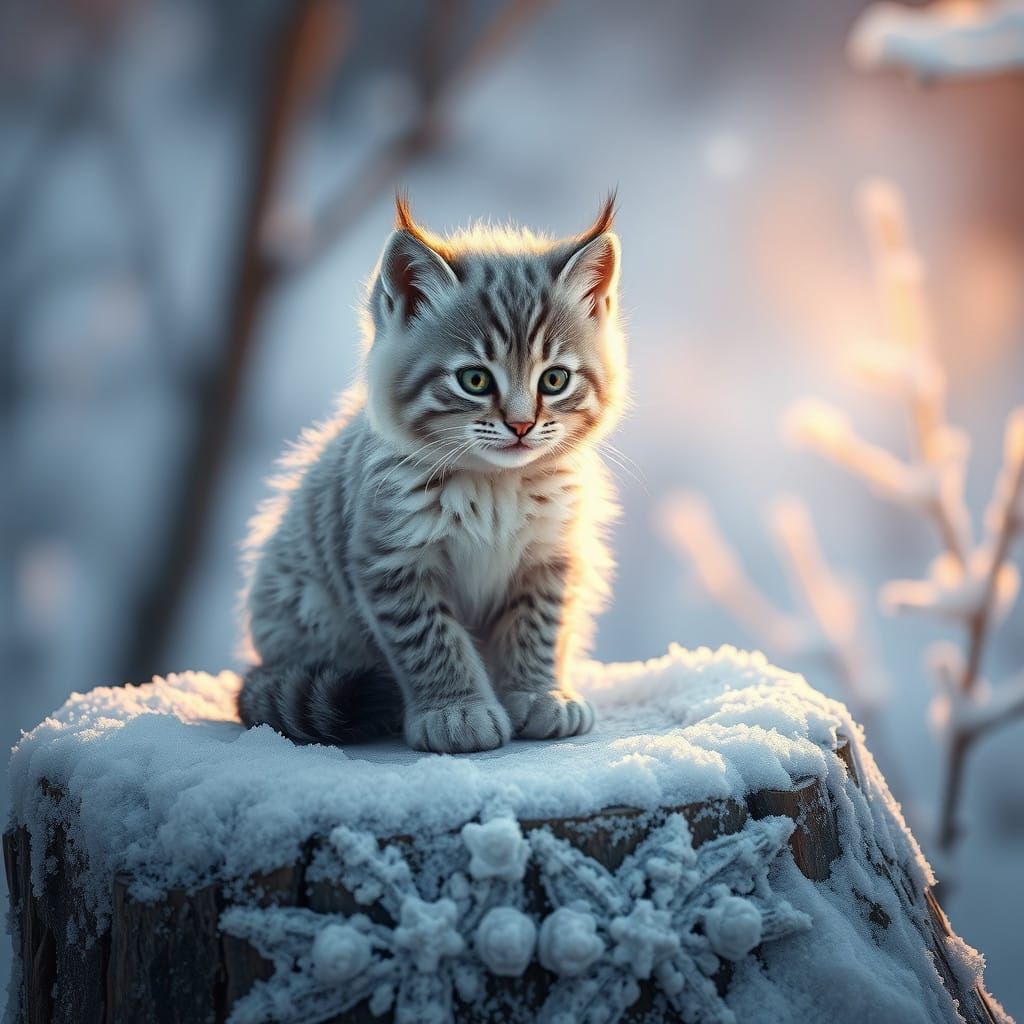Regal Canada Lynx Kitten Reigns in Ethereal Winter Wonderlan...