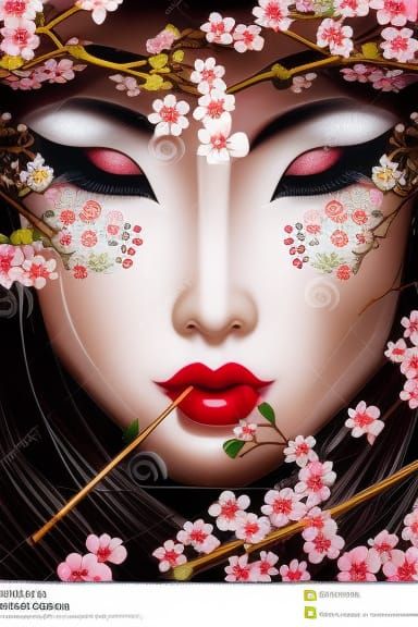 Japanese Woman in Kimono by Cherry Blossom Tree