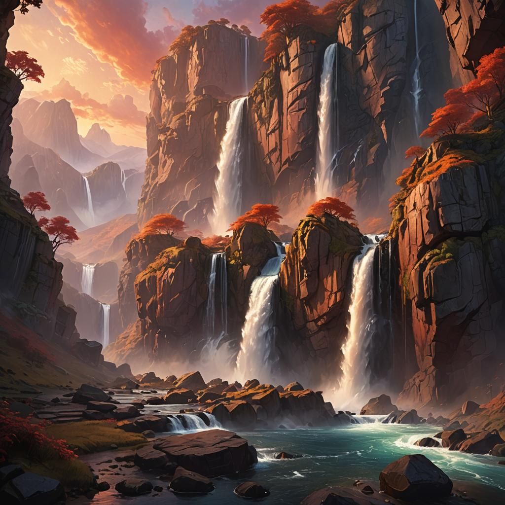 Majestic Waterfall Landscape at Sunset: Digital Concept Art