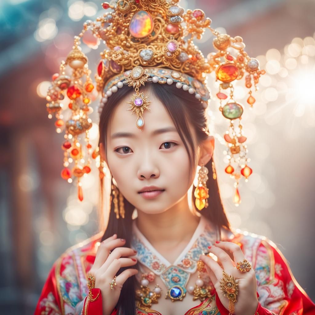 Radiant Chinese Girl with Jewels in Heavenly Light