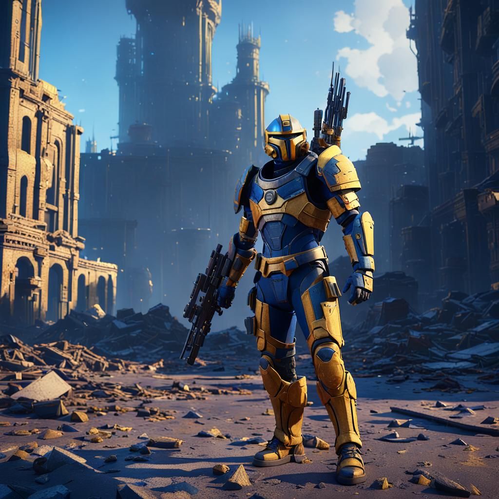 Cyber Warrior Triumphs in Ruined Cityscape