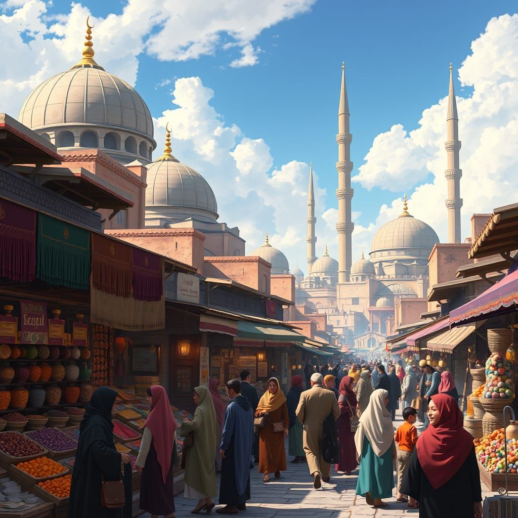 Medieval Damascus Marketplace in Ghibli Style