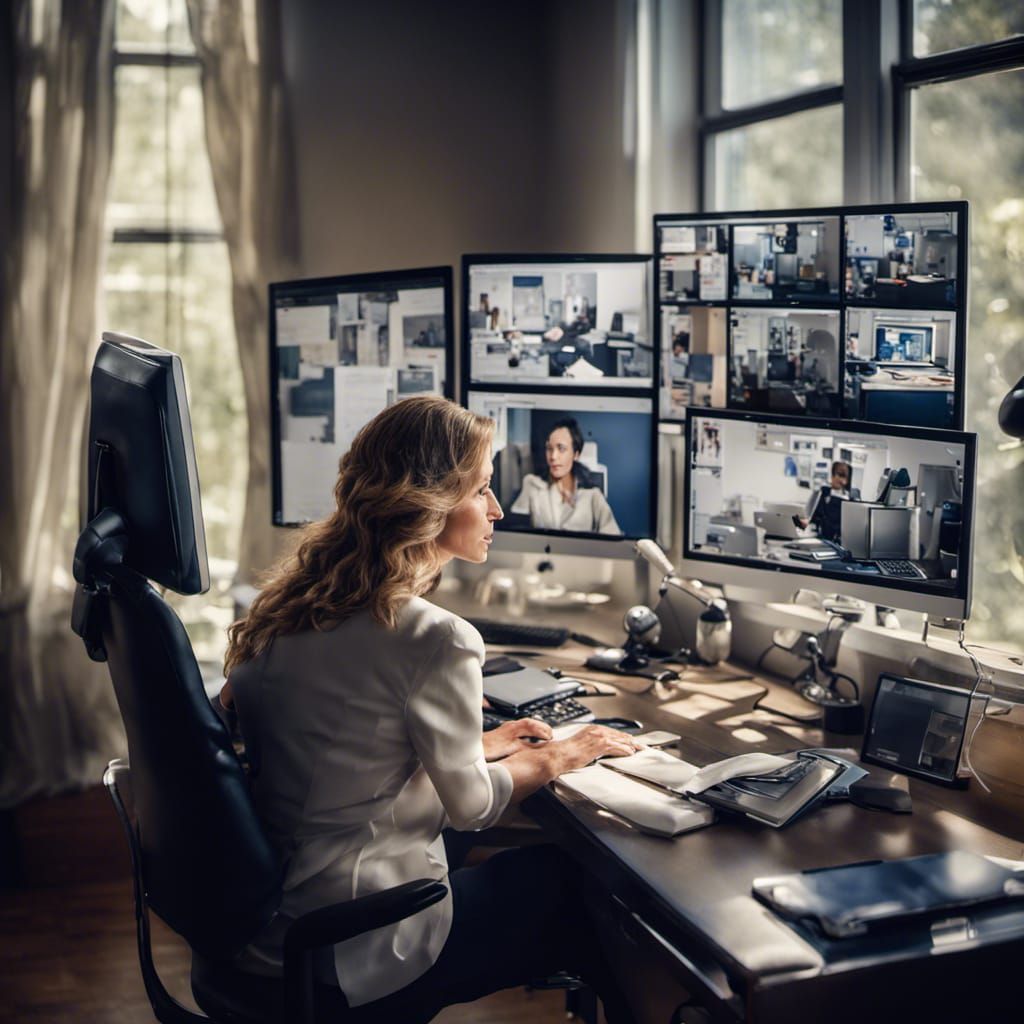 Businesswoman at Desk Viewing Facebook Post