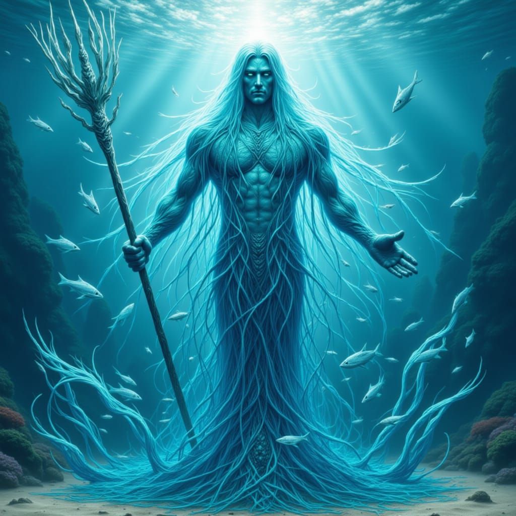 Ocean God Poseidon with Ice Trident and Fish