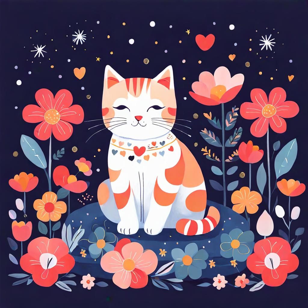 Cute Cat with Flowers in Vector Art Style