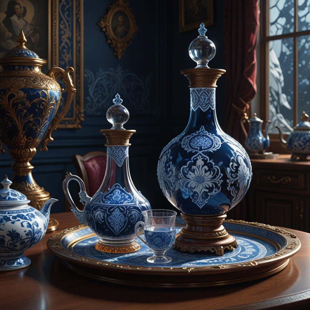 Surreal Crystal Decanter with Gzhel and Dulevo Ceramics