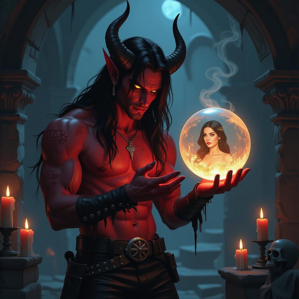 Demon in Crypt with Crystal Ball in Gothic Style