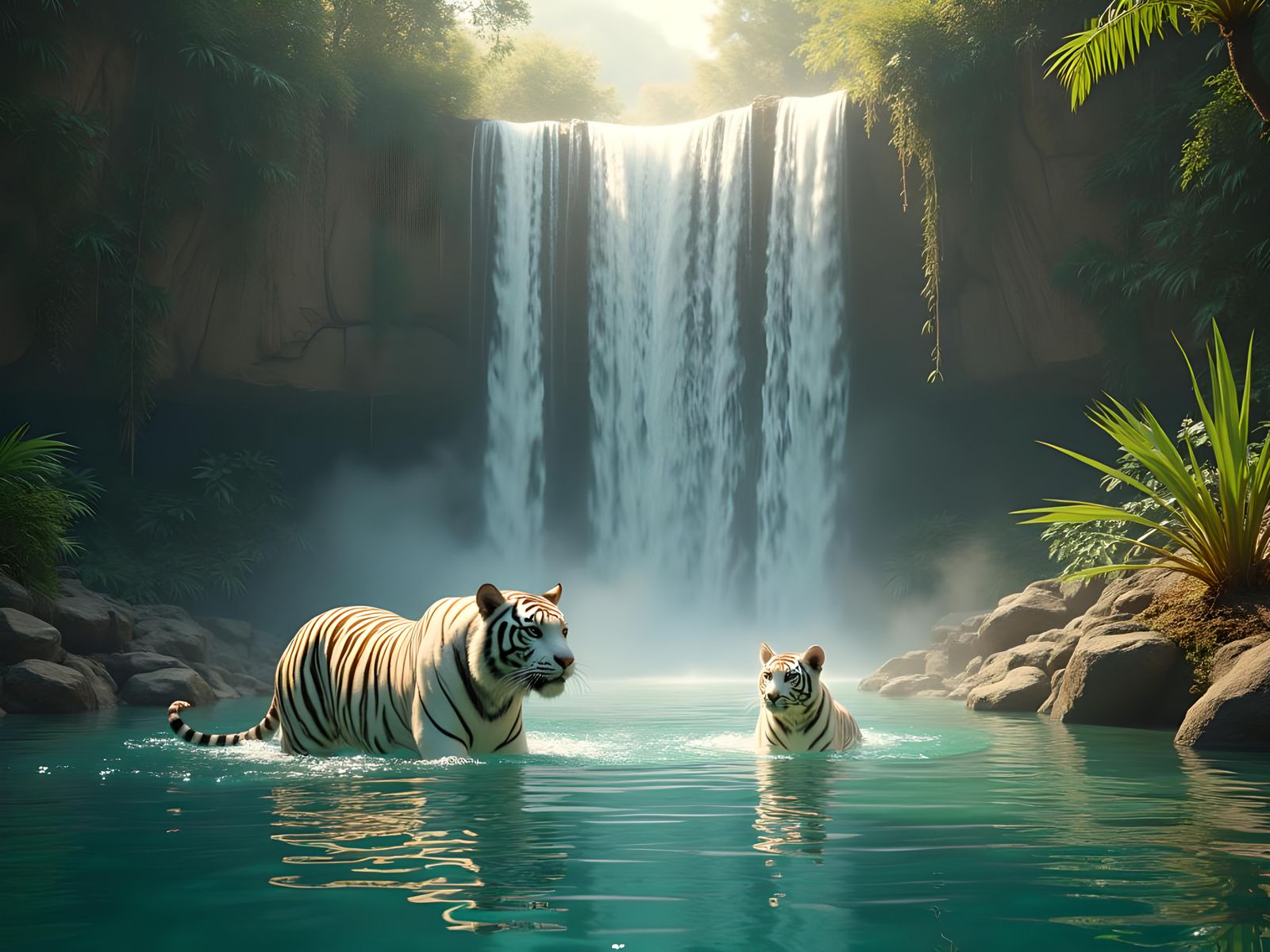 Magical Jungle Waterfall with White Tiger Family