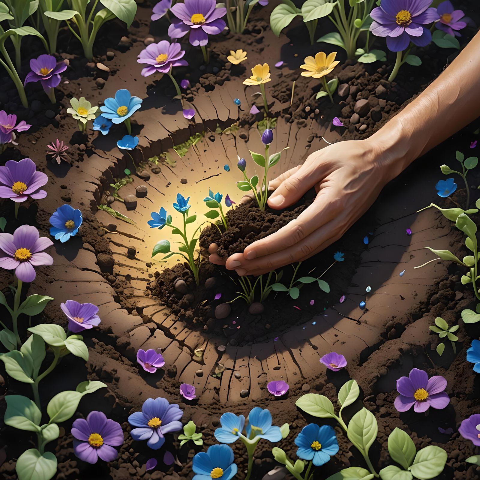 Hand Planting Seeds of Glowing Flowers: Fantasy Art