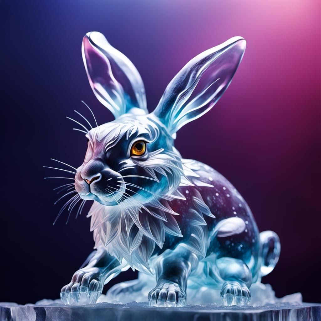 Hyperrealistic Ice Sculpture Rabbit Splash Art