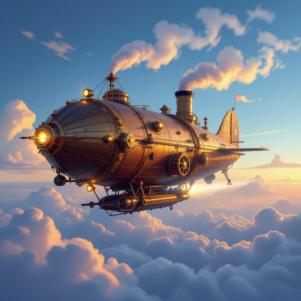 Steampunk Airship Soaring Through Clouds in Hyperrealistic S...