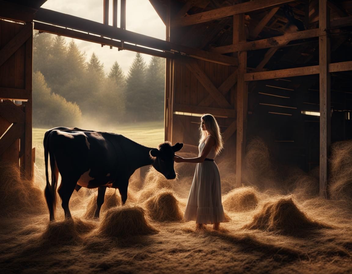 Young Woman Throws Hay in Barn: Digital Matte Painting