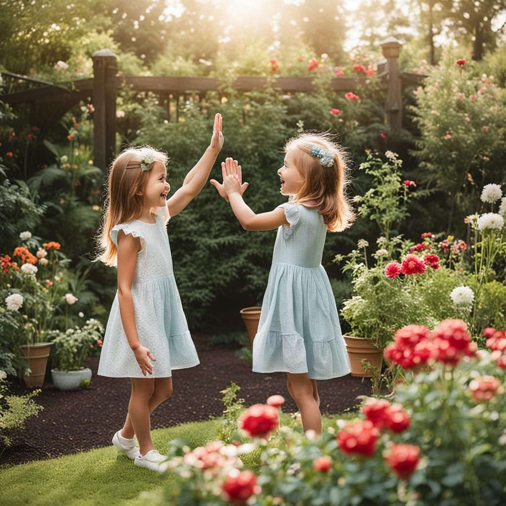 Sisters High-Fiving in a Vibrant Garden