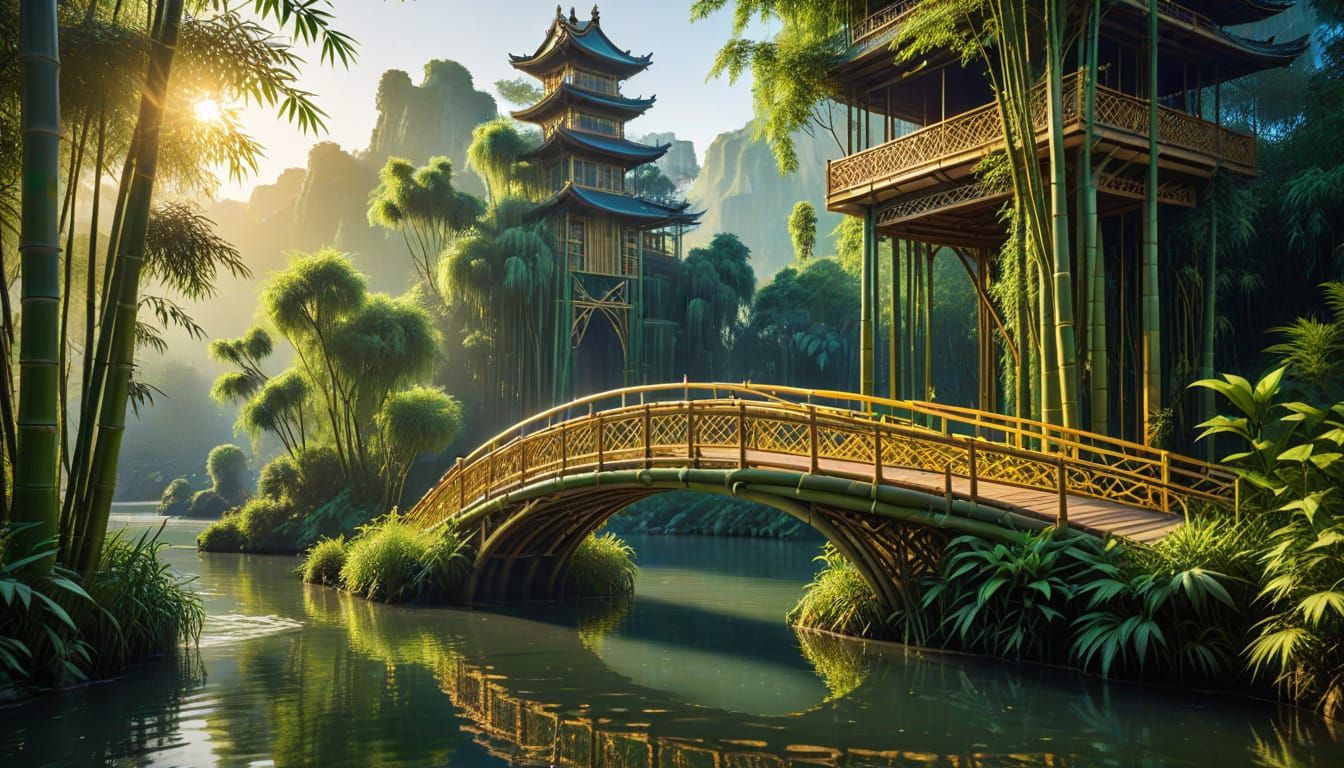 Art Nouveau Bamboo Skyscraper with Winding Bridges