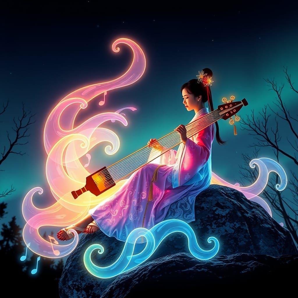 Neon Chinese Girl Playing Guzheng in Anime Style