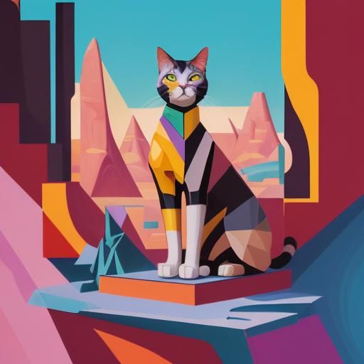 Cubist Cat in Desert Canyon: Geometric Fauvism