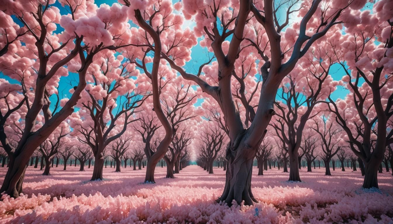 Cotton Candy Trees in Dreamlike Landscape