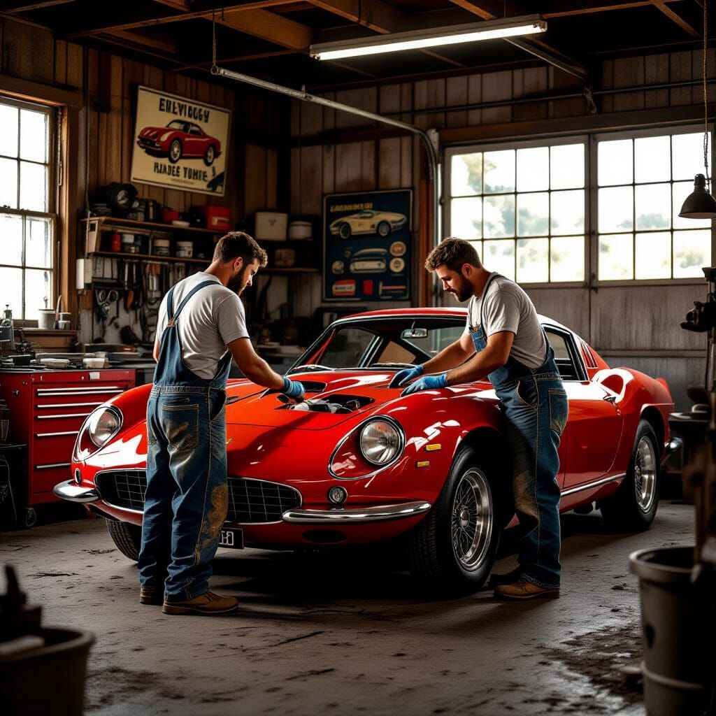 Father and Son Restore Classic Ferrari, Concept Art Style