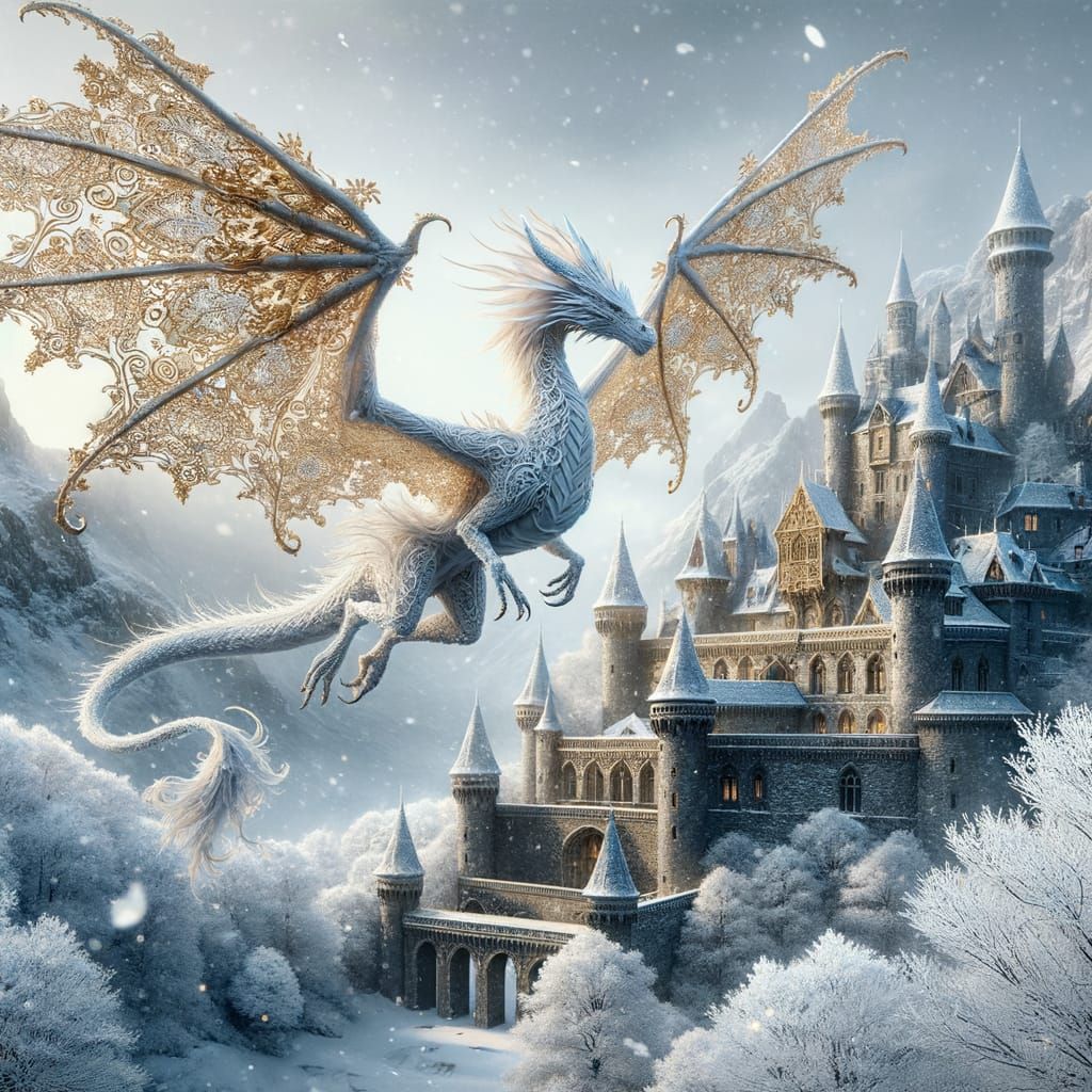 White Dragon with Gold Lace Wings Over Winter Castle