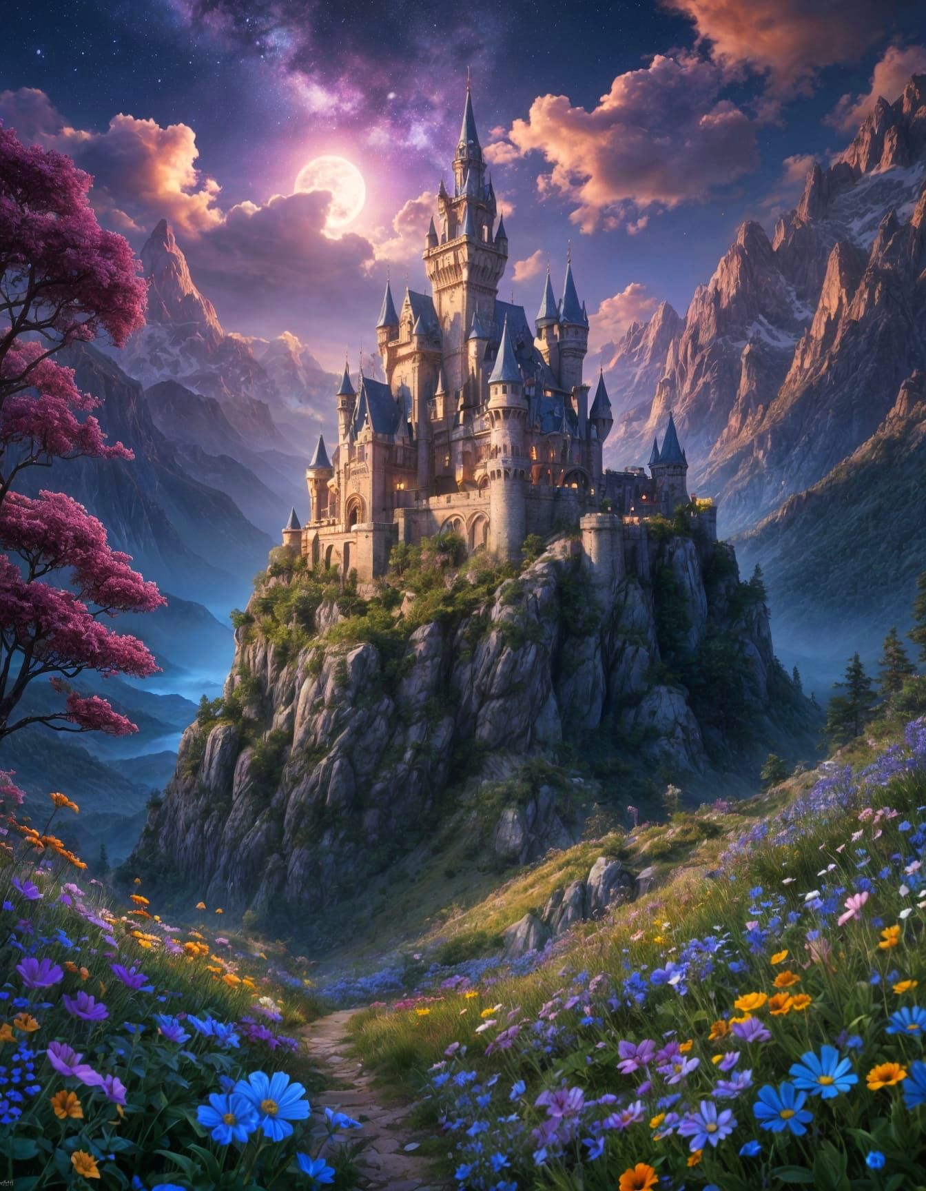 Psychedelic Mountain Castle Landscape in Ornate Style