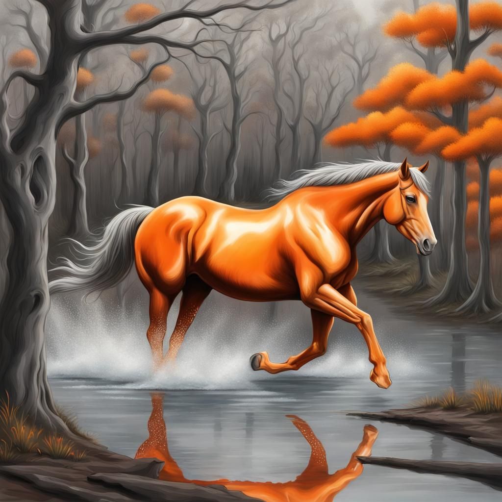 Orange Horse in Gray Landscape: Airbrush Tonalism